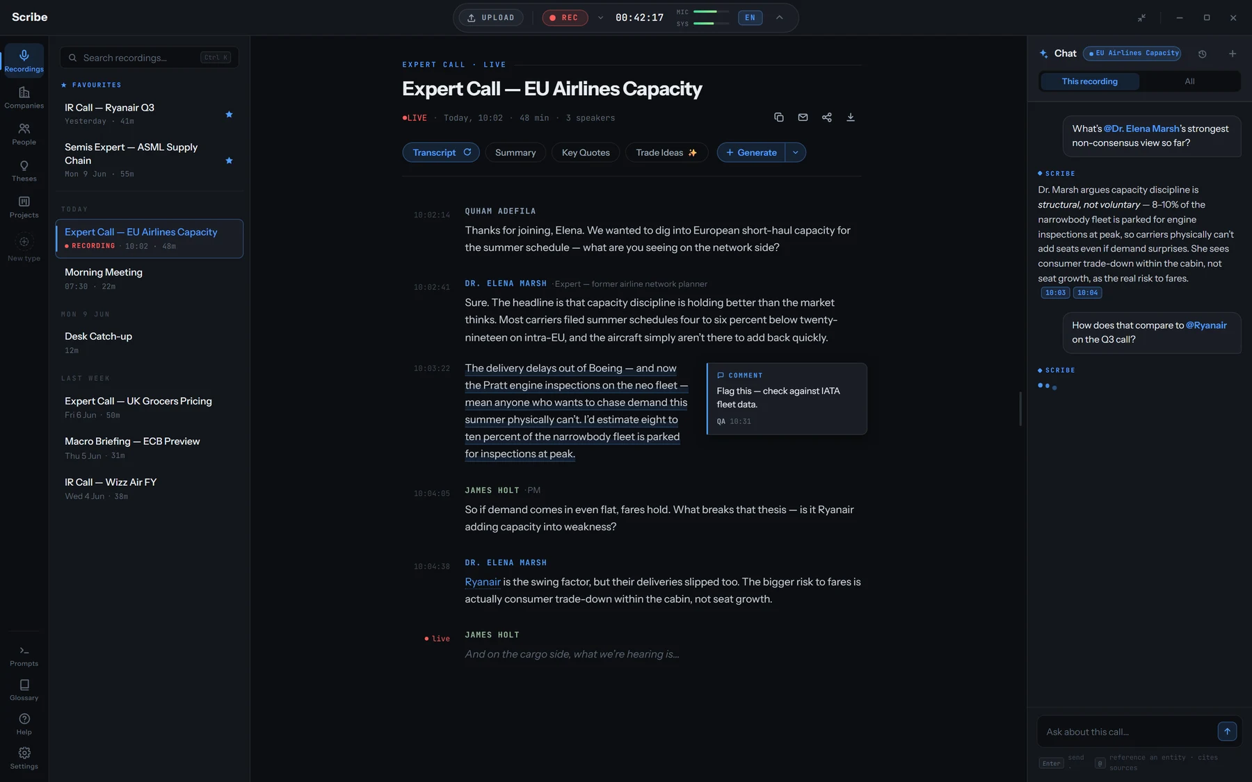 Scribe AI meeting analyser interface showing a live transcript, linked research and analyst chat.